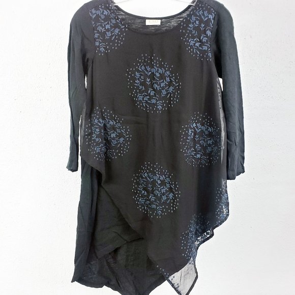 Logo Lavish Women's Black Layered Lace Blue Leaf Embroidered Shirt Top Blouse - Picture 1 of 14